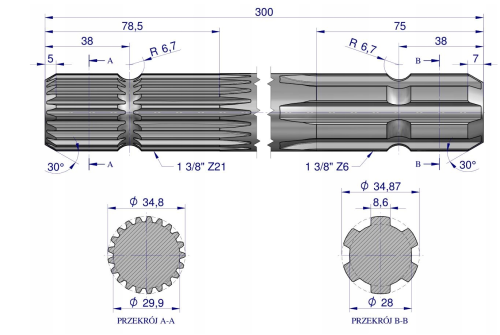 Wałek WOM frezowany dwustronnie 300mm Z21 3310302 1.png