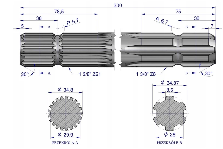 Wałek WOM frezowany dwustronnie 300mm Z21 3310302 1.png