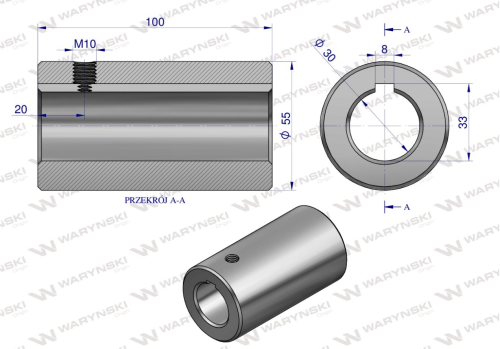 Tuleja łącząca otwór fi 30mm z rowkiem na wpust 8mm 100mm Waryński 3633100..png