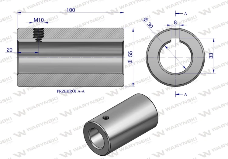 Tuleja łącząca otwór fi 30mm z rowkiem na wpust 8mm 100mm Waryński 3633100..png