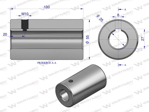 Tuleja łącząca otwór fi 25mm z rowkiem na wpust 8mm 100mm Waryński 3632100...png