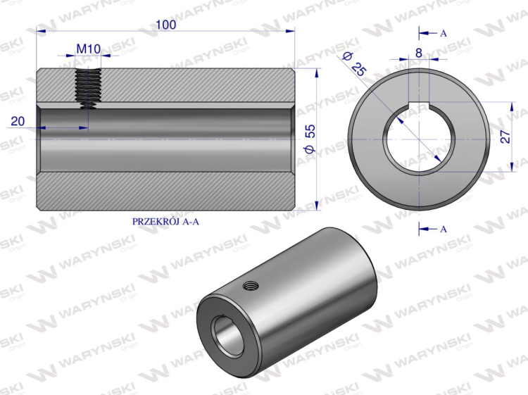 Tuleja łącząca otwór fi 25mm z rowkiem na wpust 8mm 100mm Waryński 3632100...png
