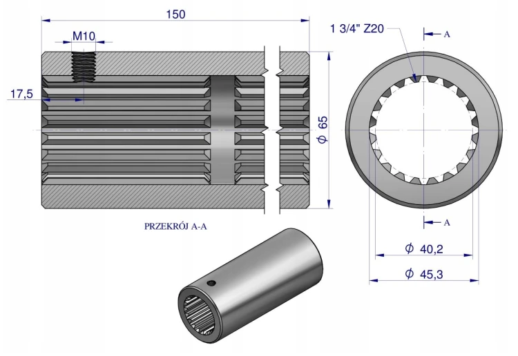 Tuleja WOM łącząca frezowana 150mm Z20...png