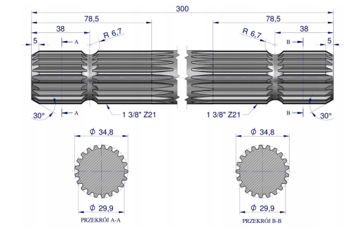 Wałek, WOM frezowany dwustronnie 300mm Z21.png