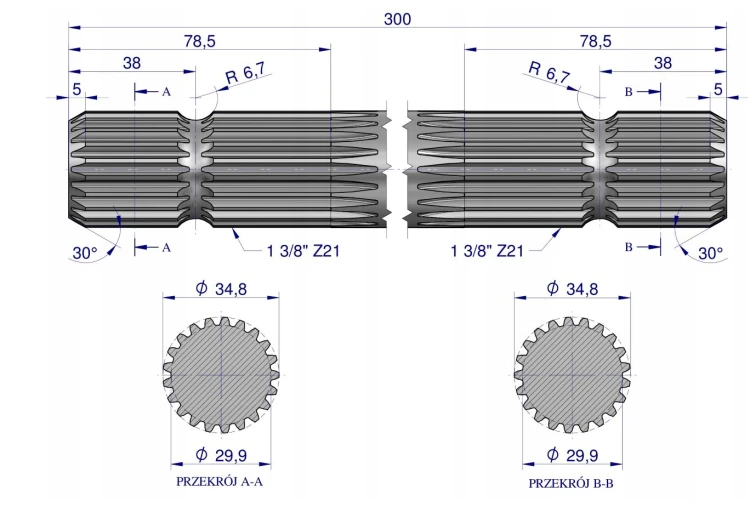 Wałek, WOM frezowany dwustronnie 300mm Z21.png
