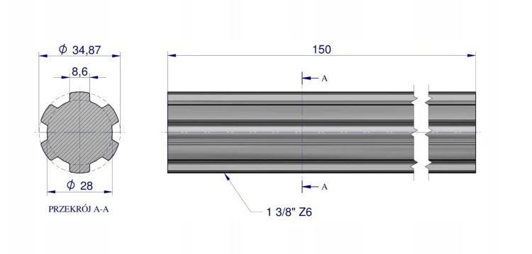 Wałek WOM frezowany całościowo 150mm Z6 2.png