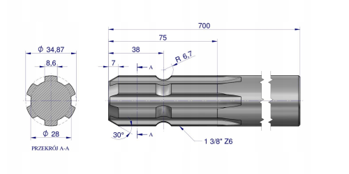 Wałek WOM frezowany jednostronnie 700mm.png