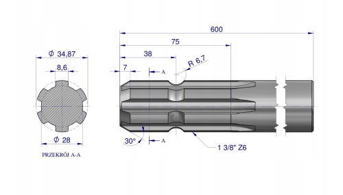 Wałek WOM frezowany jednostronnie 600mm.png