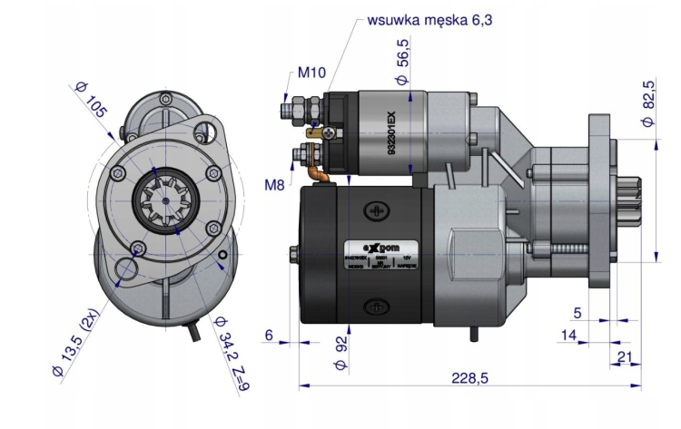 Rozrusznik z reduktorem typu Magneton 12V 2.7kW 9Z 9142781 Ursus C-328 Claas Deutz EXPOM 9142781 3.png