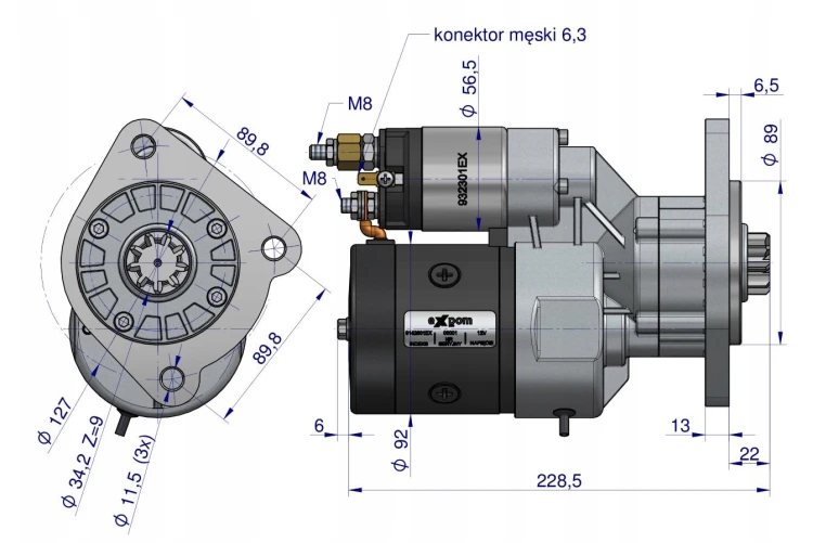 Rozrusznik 12V 2.7kW 10Z typu Magneton Fendt Renault 6005003152 9142801 EXPOM 22.png