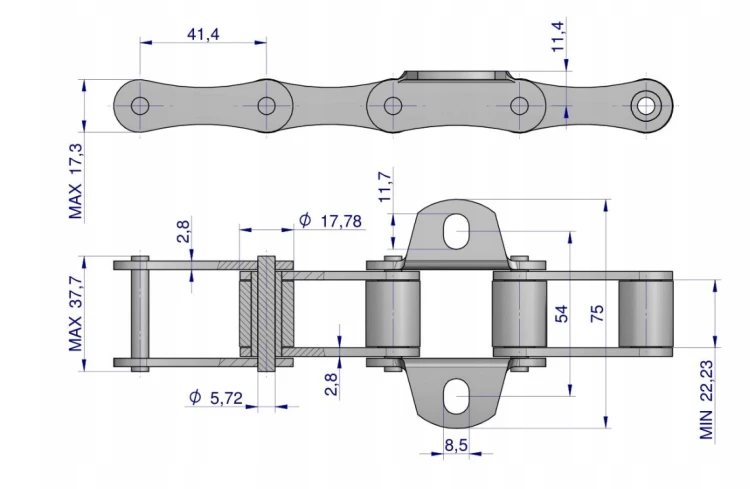 Łańcuch podajnika S55 łapka K1 co 8 ogniwa 5m.png