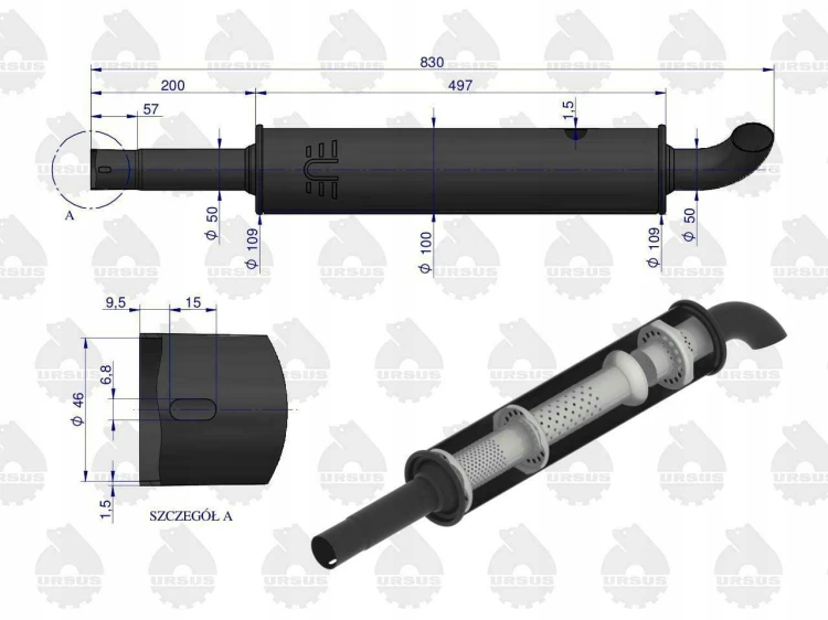 Tłumik okrągły krótki 830mm 4.1kg URSUS C-330 EMALIA ORYGINAŁ URSUS 42402071