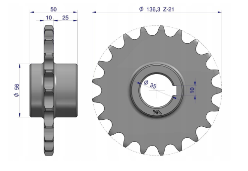 Koło łańcuchowe stalowe hartowane Z-21 fi-35 5057020110 do Bizon WARYŃSKI 5040020240.png