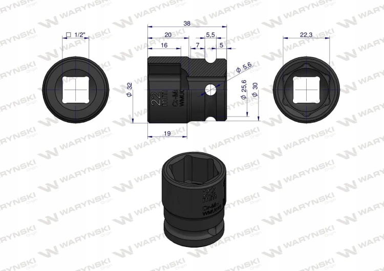 Nasadka udarowa sześciokątna 1/2" 22 mm CrMo DIN 3129 Waryński WMU015