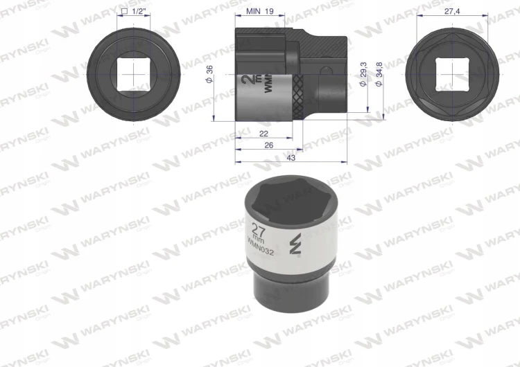 Nasadka sześciokątna 1/2". 27 mm. CrV50BV30. DIN 3124. Waryński WMN032