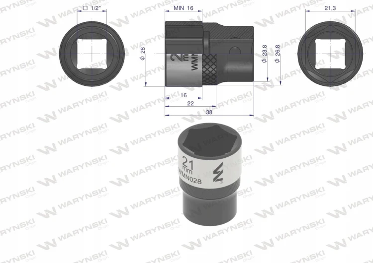 Nasadka sześciokątna 1/2". 21 mm. CrV50BV30. DIN 3124. Waryński WMN028