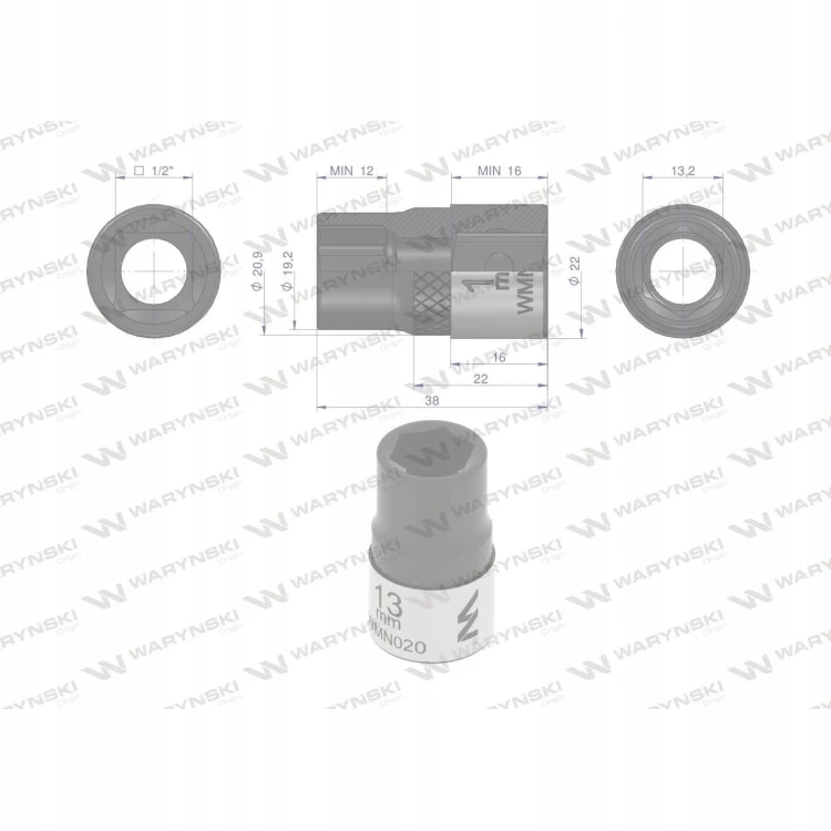 Nasadka sześciokątna 1/2". 13 mm. CrV50BV30. DIN 3124. Waryński WMN020