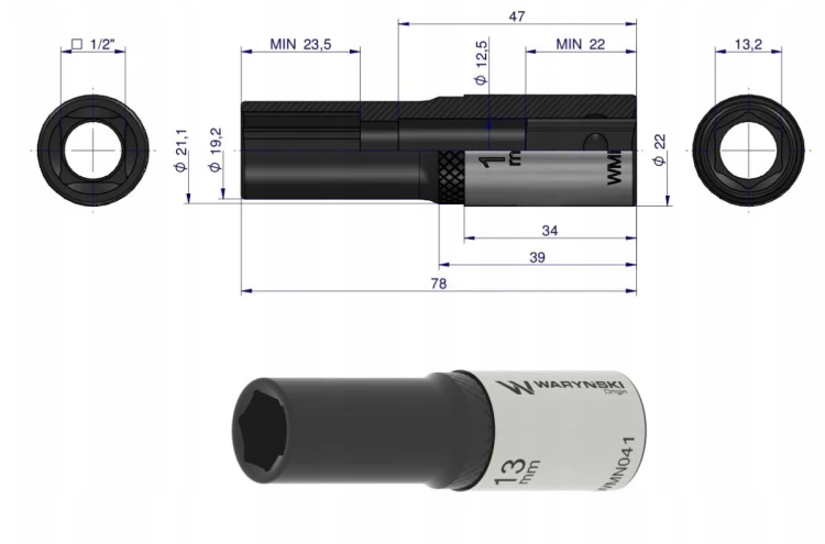 Nasadka sześciokątna 1 2 13 mm długa CrV50BV30 DIN 3124 Waryński WMN041 333.png