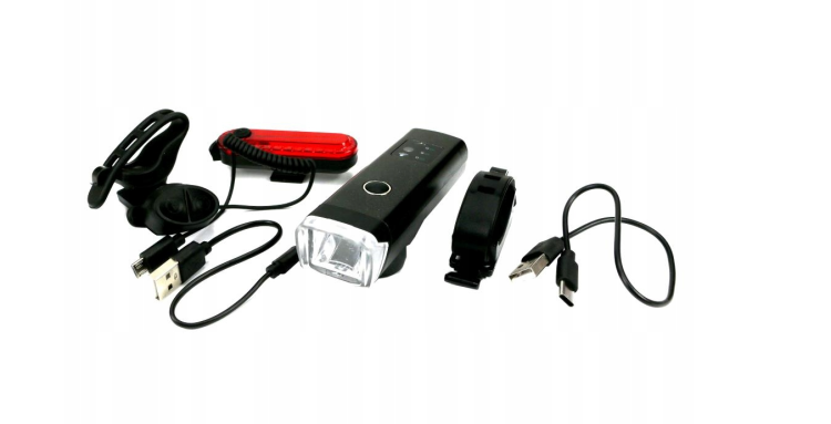 Zestaw lamp rowerowych latarka LED przednia 2000 mAh LED tylna 150mAh z klaksonem Teger.png
