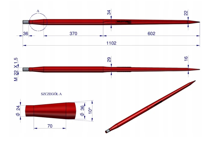 Ząb ładowacza uniwersalny czerwony prosty L- 1100 mm zastosowanie 5193-RT1 Tur WARYŃSKI W9132.png