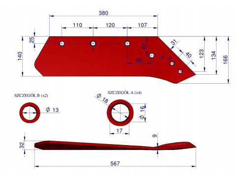 Lemiesz prawy 16 cali do Kverneland Pług stal borowa KK073004.png