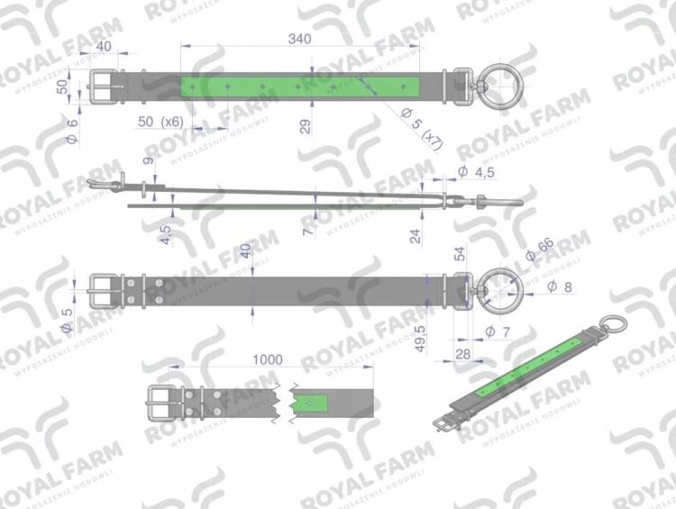 Obroża dla bydła  100 cm x 4 cm z okrętką 8mm Royal Farm 23.png