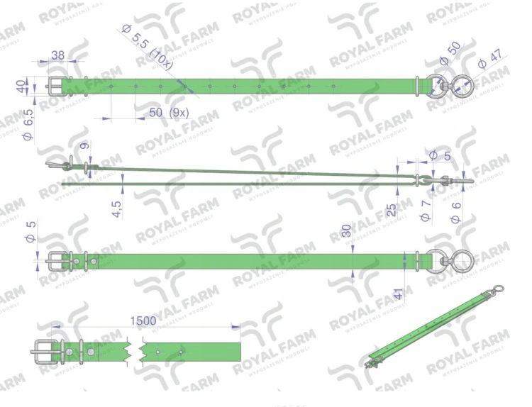 Obroża wąska 150 cm x 3 cm z okrętką Royal Farm22.png