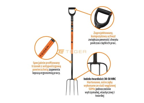 Widły gospodarcze 4-zębne na metalowym trzonku - Extra Long, (długość 1600 mm), Teger T-G-WGMT4Z-03