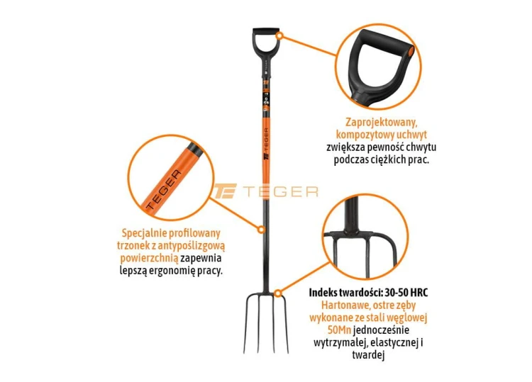 Widły gospodarcze 4-zębne na metalowym trzonku - Extra Long, (długość 1600 mm), Teger T-G-WGMT4Z-03
