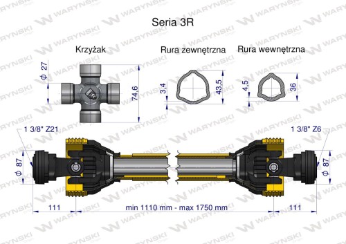 Wałek WOM Wał Odbioru Mocy 1110-1750mm 460Nm widłak Z21 CE 2020 seria 3R WARYŃSKI W3B2B11110