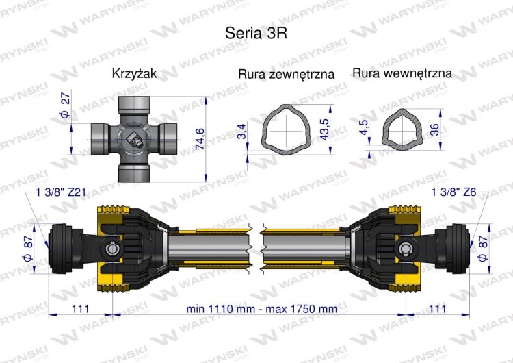 Wałek WOM Wał Odbioru Mocy 1110-1750mm 460Nm widłak Z21 CE 2020 seria 3R WARYŃSKI W3B2B11110