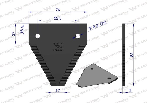 Nóż kosy stalka Dronningborg Massey Ferguson 82x76x3mm otwór 6.3 D44103700 WARYŃSKI 25szt WKZ82X76X3