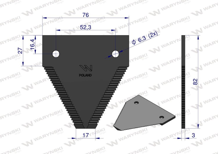 Nóż kosy stalka Dronningborg Massey Ferguson 82x76x3mm otwór 6.3 D44103700 WARYŃSKI 25szt WKZ82X76X3