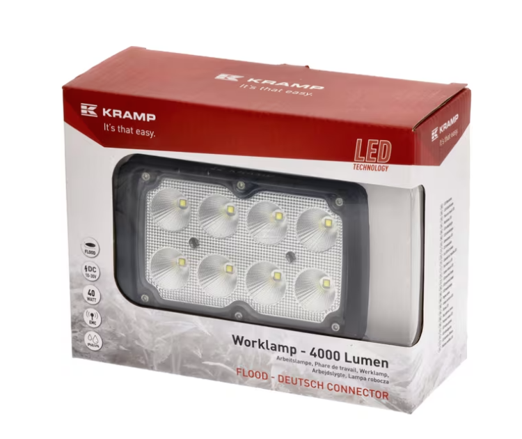 Lampa robocza LED prostokątna 40W 4000lm 10/30V z wtyczką Deutsch światło rozproszone 8 LED Kramp LA10414 Kramp