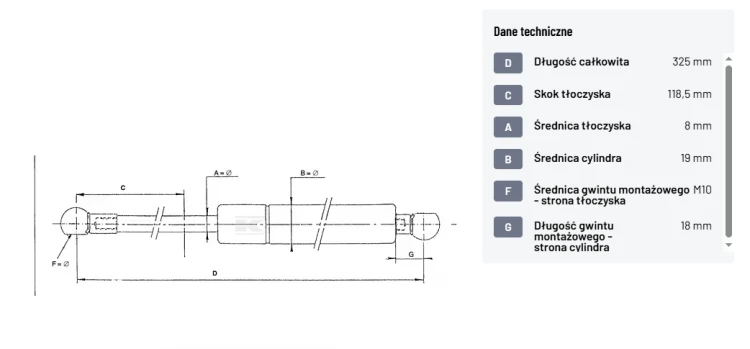 Siłownik Sprężyna gazowa 325mm skok 118,5 250N CA943290.png