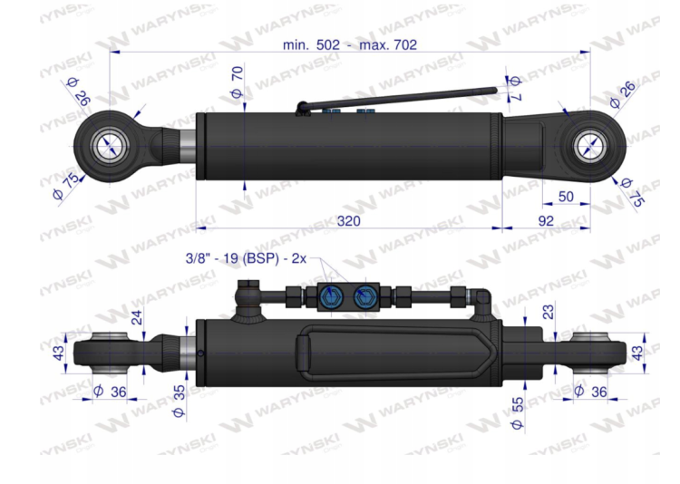 Łącznik Centralny Hydrauliczny KAT2 26mm Ursus C-330 C-360 3P 502-702mm Waryński 2.png