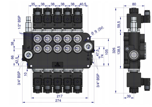 Rozdzielacz hydrauliczny 5-sekcyjny sterowany elektrycznie 12V 80L VOIMA 1.png