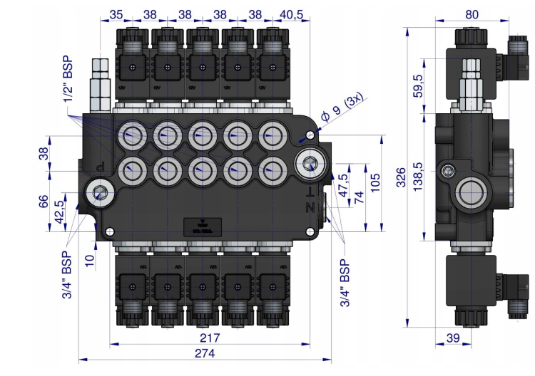 Rozdzielacz hydrauliczny 5-sekcyjny sterowany elektrycznie 12V 80L VOIMA 1.png