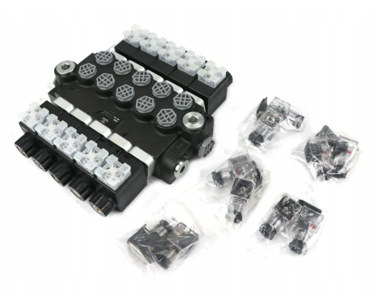 Rozdzielacz hydrauliczny 5-sekcyjny sterowany elektrycznie 12V 40L VOIMA 1.png