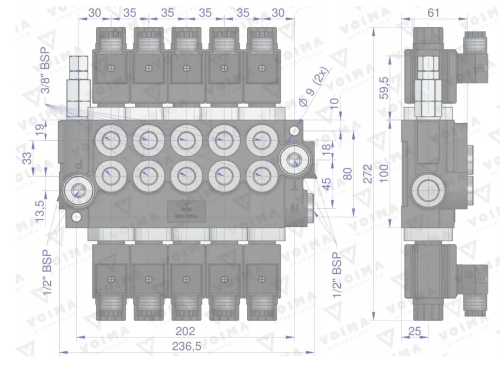 Rozdzielacz hydrauliczny 5-sekcyjny sterowany elektrycznie 12V 40L VOIMA 2.png