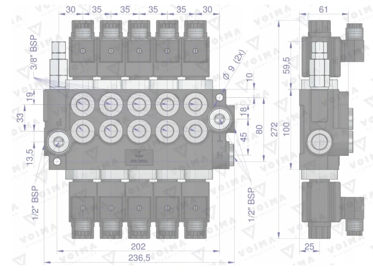Rozdzielacz hydrauliczny 5-sekcyjny sterowany elektrycznie 12V 40L VOIMA 2.png