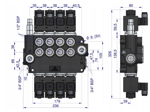 Rozdzielacz hydrauliczny 4-sekcyjny sterowany elektrycznie 12V 80L VOIMA 3.png