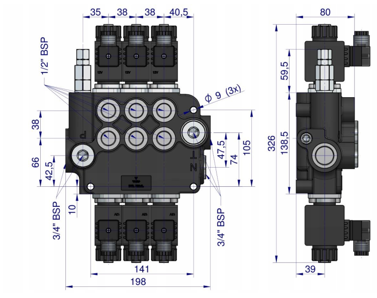 Rozdzielacz hydrauliczny 3-sekcyjny sterowany elektrycznie 12V 80L VOIMA 2.png