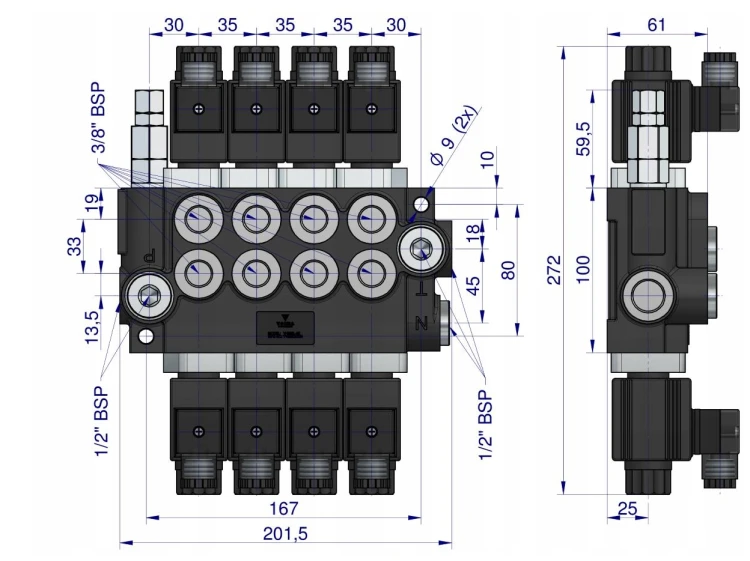 Rozdzielacz hydrauliczny 4-sekcyjny sterowany elektrycznie 12V 40L VOIMA 1.png