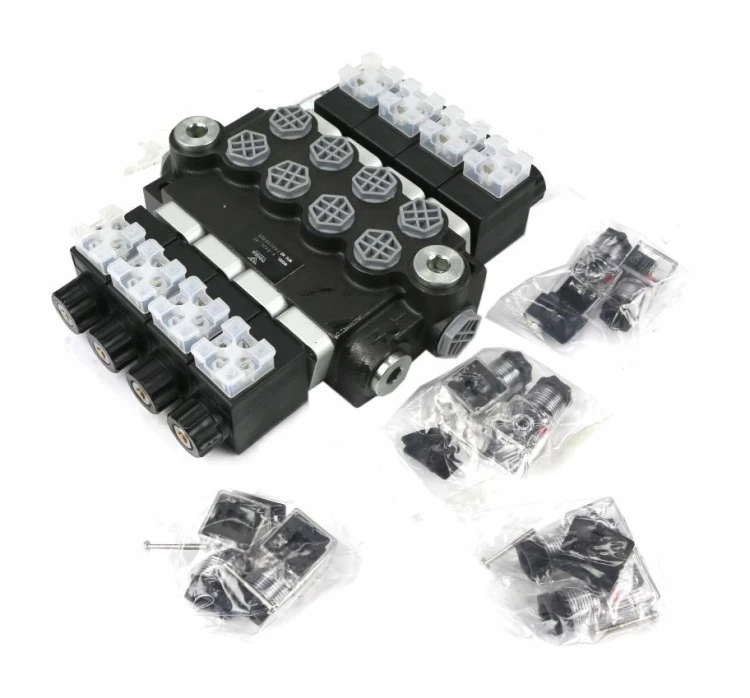 Rozdzielacz hydrauliczny 4-sekcyjny sterowany elektrycznie 12V 40L VOIMA 2.png