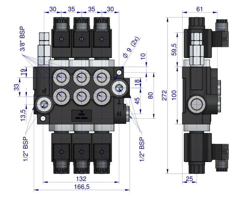 Rozdzielacz hydrauliczny 3-sekcyjny sterowany elektrycznie 12V 40L VOIMA 1.png